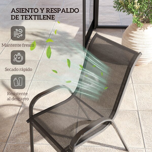 Outsunny Sada 4 Zahradních Židlí pro Exteriér Stohovatelné Terasové Židle s Prodyšnou Tkaninou Ocelový Rám Područky a Vysoké Opěradlo 54x71x93 cm Čern