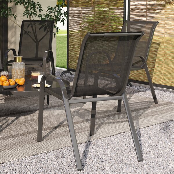 Outsunny Sada 4 Zahradních Židlí pro Exteriér Stohovatelné Terasové Židle s Prodyšnou Tkaninou Ocelový Rám Područky a Vysoké Opěradlo 54x71x93 cm Čern