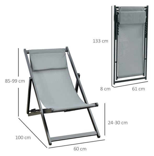 Outsunny Sada 2 skládacích hliníkových lehátek s nastavitelným opěradlem a podhlavníky na terasu, patio, venku 58x96,5x91,5 cm Tmavě šedá | Aosom