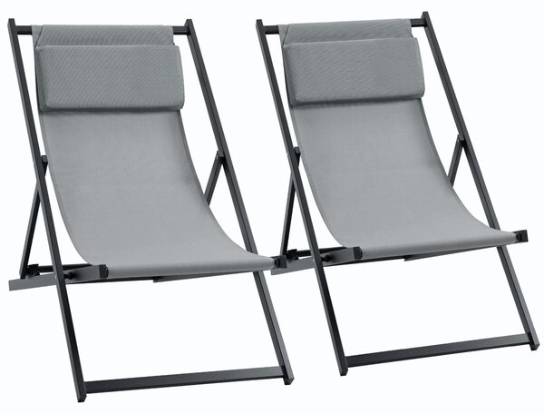 Outsunny Sada 2 skládacích hliníkových lehátek s nastavitelným opěradlem a podhlavníky na terasu, patio, venku 58x96,5x91,5 cm Tmavě šedá | Aosom