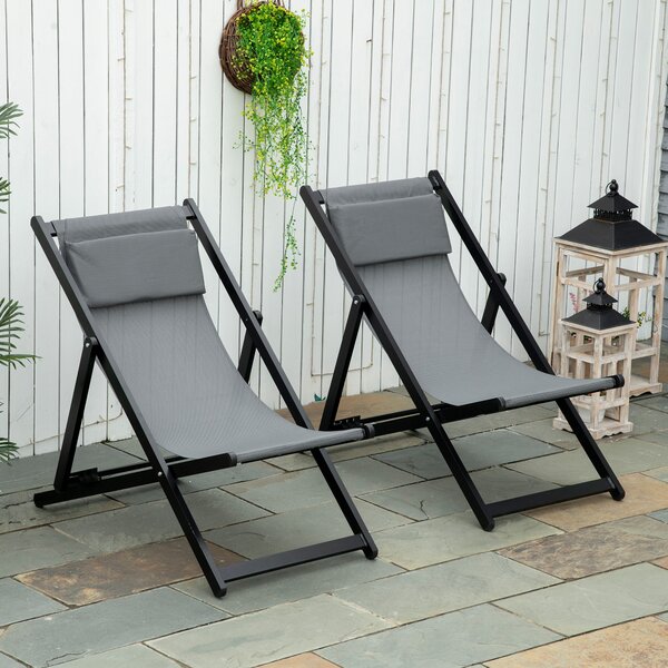 Outsunny Sada 2 skládacích hliníkových lehátek s nastavitelným opěradlem a podhlavníky na terasu, patio, venku 58x96,5x91,5 cm Tmavě šedá | Aosom