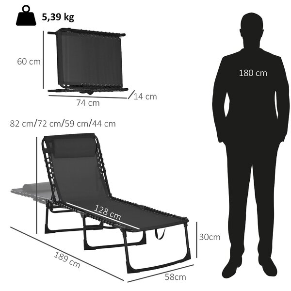 Skládací a nastavitelný lehátko Outsunny s 4 polohami sklopení - zahradní křeslo se systémem lanka pro venkovní použití, ocelový rám 189x58x30 cm, čer