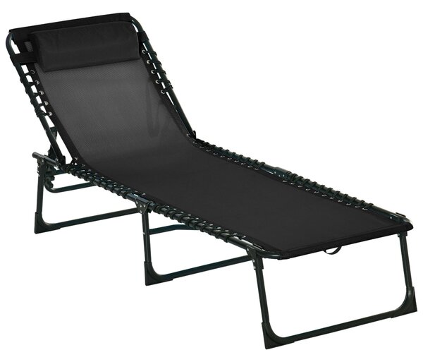 Skládací a nastavitelný lehátko Outsunny s 4 polohami sklopení - zahradní křeslo se systémem lanka pro venkovní použití, ocelový rám 189x58x30 cm, čer