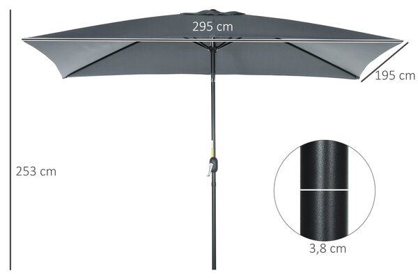 Outsunny Hliníkový Slunečník 200x300x253 cm Obdélníkový Zahradní Parasol s Kličkou a Odnímatelným UV Ochranným Sloupem pro Terasu u Bazénu a Venku, Še