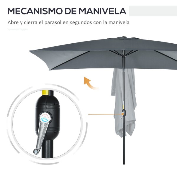Outsunny Hliníkový Slunečník 200x300x253 cm Obdélníkový Zahradní Parasol s Kličkou a Odnímatelným UV Ochranným Sloupem pro Terasu u Bazénu a Venku, Še