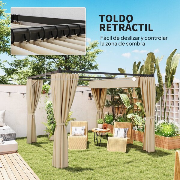 Sklápěcí pergola Outsunny 3x3m s bočními stěnami - voděodolná polyesterová látka pro zahradu, terasu a venkovní prostory - Béžová | Aosom