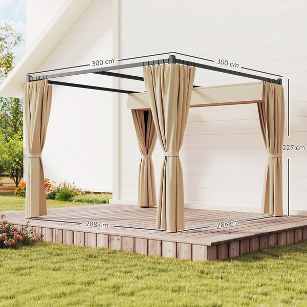 Sklápěcí pergola Outsunny 3x3m s bočními stěnami - voděodolná polyesterová látka pro zahradu, terasu a venkovní prostory - Béžová | Aosom