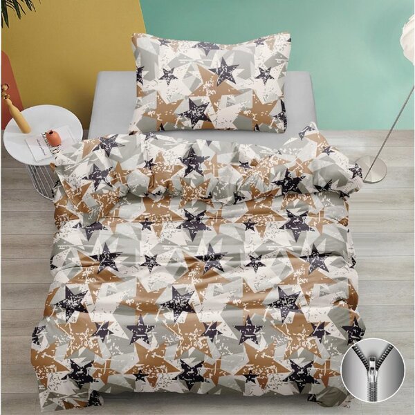 Bavlněné povlečení BROWN STARS bílé + prostěradlo jersey EXCLUSIVE 90x200 cm béžové