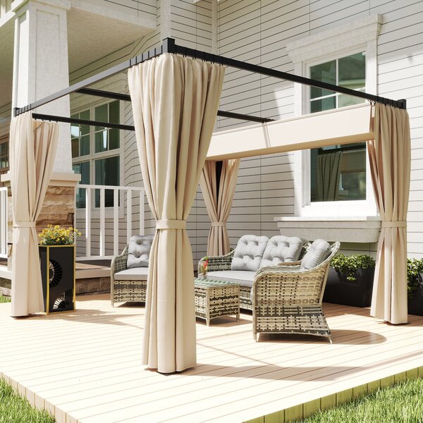 Sklápěcí pergola Outsunny 3x3m s bočními stěnami - voděodolná polyesterová látka pro zahradu, terasu a venkovní prostory - Béžová | Aosom