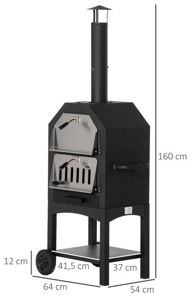 Outsunny venkovní pizza pec s 2 vrstvami na dřevo, s koly a vyjímatelným odkládacím stolem pro terasu, kempování a patio 64x54x160 cm Černá | Aosom