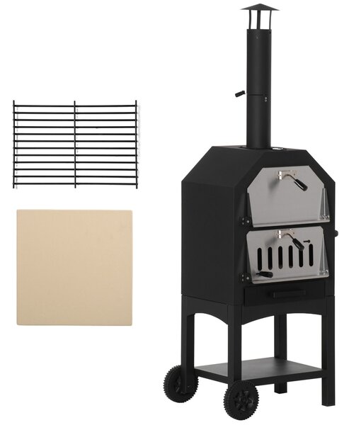 Outsunny venkovní pizza pec s 2 vrstvami na dřevo, s koly a vyjímatelným odkládacím stolem pro terasu, kempování a patio 64x54x160 cm Černá | Aosom