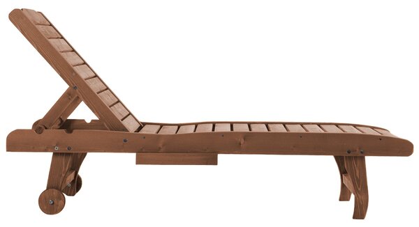 Outsunny Dřevěný Zahradní Lehátko s Kola a Nastavitelným Opěradlem ve 3 Úrovních a 1 Pultíkem, Nosnost 130 kg pro Terasu a Patio Přírodní | Aosom