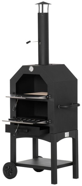 Outsunny venkovní pizza pec s 2 vrstvami na dřevo, s koly a vyjímatelným odkládacím stolem pro terasu, kempování a patio 64x54x160 cm Černá | Aosom