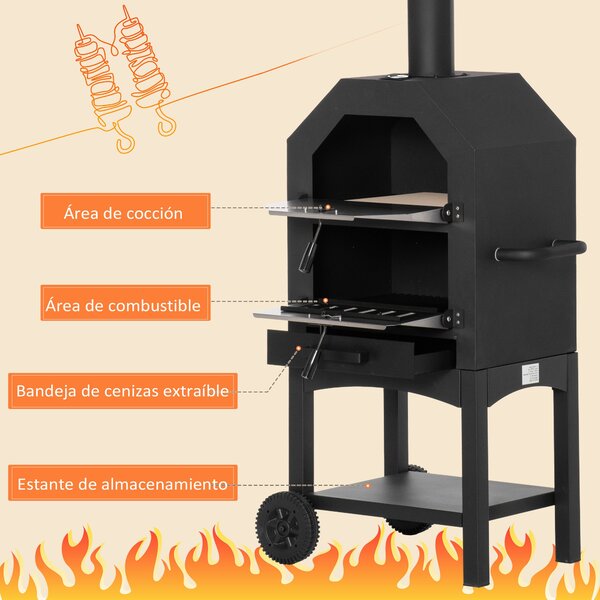 Outsunny venkovní pizza pec s 2 vrstvami na dřevo, s koly a vyjímatelným odkládacím stolem pro terasu, kempování a patio 64x54x160 cm Černá | Aosom