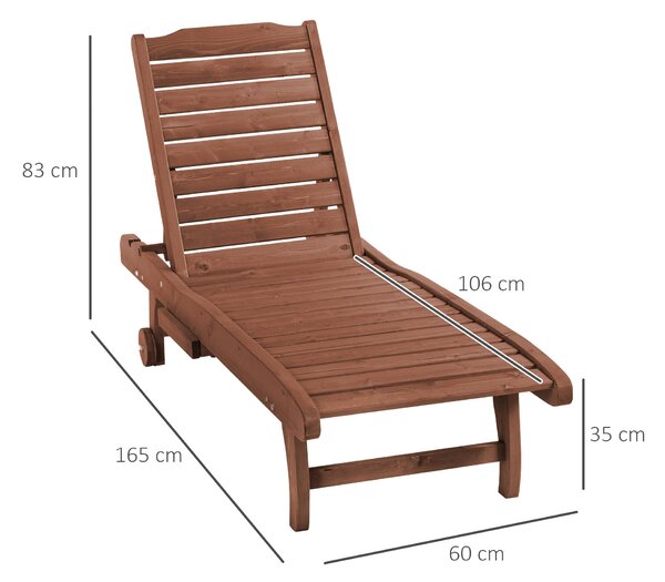 Outsunny Dřevěný Zahradní Lehátko s Kola a Nastavitelným Opěradlem ve 3 Úrovních a 1 Pultíkem, Nosnost 130 kg pro Terasu a Patio Přírodní | Aosom
