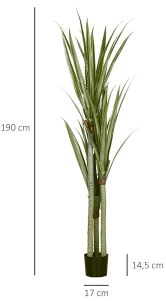 Umělá rostlina yucca HOMCOM v květináči 190 cm - 39 realistických listů pro dekoraci domova, obývacího pokoje, kanceláře a zahrady Ø17x190 cm Zelená |