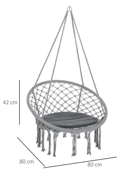 Outsunny Kulatý Zavěšený Křeslo Ø60 cm Hamaka Houpací Křeslo s Polštářem a Bavlněným Provázkem pro Vnitřní a Vnější Použití 80x80x42 cm Šedá | Aosom