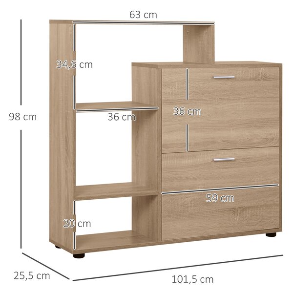 HOMCOM Dřevěný botník s policí a boxy - Organizační skříň na boty do předsíně, Multifunkční úložiště obuvi 101,5x25,5x98cm | Aosom