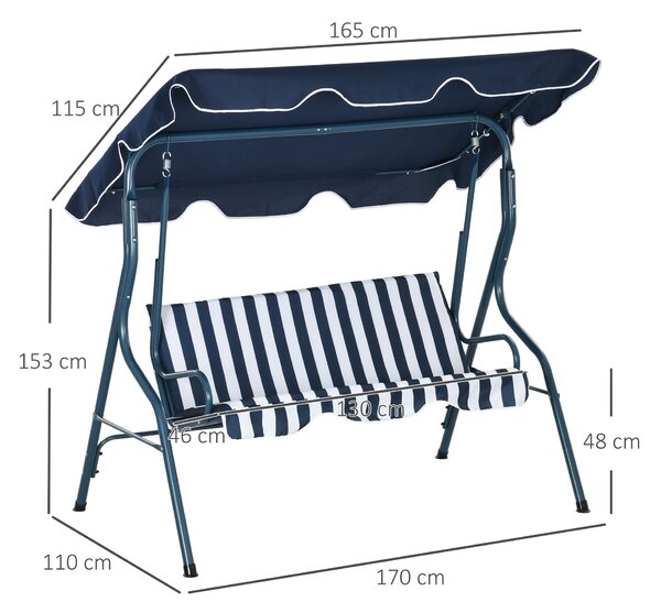 Zahradní houpačka Outsunny pro 2-3 osoby s nastavitelnou voděodolnou stříškou a ocelovým rámem 170x110x153 cm Modrá | Aosom