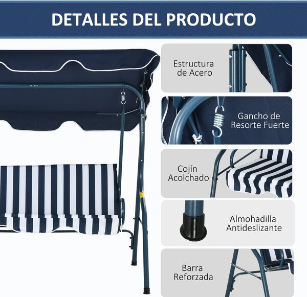 Zahradní houpačka Outsunny pro 2-3 osoby s nastavitelnou voděodolnou stříškou a ocelovým rámem 170x110x153 cm Modrá | Aosom