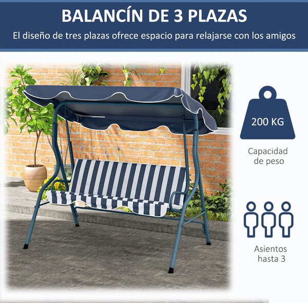 Zahradní houpačka Outsunny pro 2-3 osoby s nastavitelnou voděodolnou stříškou a ocelovým rámem 170x110x153 cm Modrá | Aosom