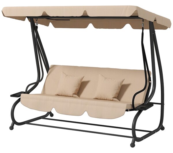 Outsunny Zahradní houpačka pro 3 osoby 2 v 1 s nastavitelnou stříškou, bočními tácy a polštáři pro balkon, terasu a patio, nosnost 340 kg, 200x120x164