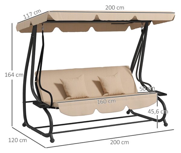 Outsunny Zahradní houpačka pro 3 osoby 2 v 1 s nastavitelnou stříškou, bočními tácy a polštáři pro balkon, terasu a patio, nosnost 340 kg, 200x120x164