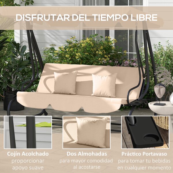 Outsunny Zahradní houpačka pro 3 osoby 2 v 1 s nastavitelnou stříškou, bočními tácy a polštáři pro balkon, terasu a patio, nosnost 340 kg, 200x120x164