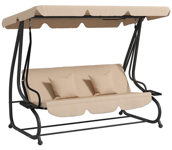 Outsunny Zahradní houpačka pro 3 osoby 2 v 1 s nastavitelnou stříškou, bočními tácy a polštáři pro balkon, terasu a patio, nosnost 340 kg, 200x120x164