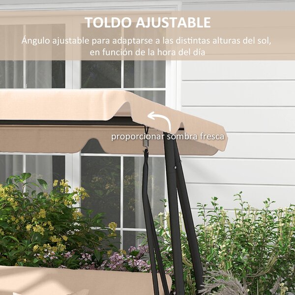 Outsunny Zahradní houpačka pro 3 osoby 2 v 1 s nastavitelnou stříškou, bočními tácy a polštáři pro balkon, terasu a patio, nosnost 340 kg, 200x120x164