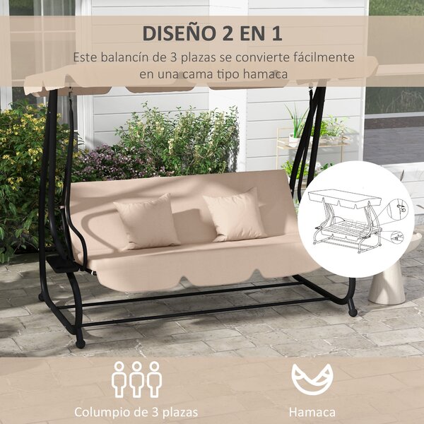 Outsunny Zahradní houpačka pro 3 osoby 2 v 1 s nastavitelnou stříškou, bočními tácy a polštáři pro balkon, terasu a patio, nosnost 340 kg, 200x120x164