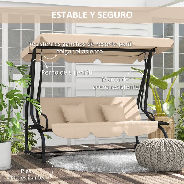 Outsunny Zahradní houpačka pro 3 osoby 2 v 1 s nastavitelnou stříškou, bočními tácy a polštáři pro balkon, terasu a patio, nosnost 340 kg, 200x120x164