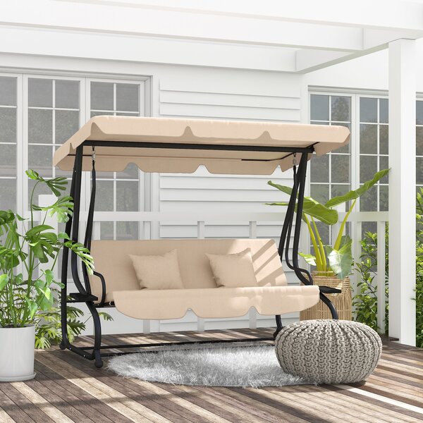 Outsunny Zahradní houpačka pro 3 osoby 2 v 1 s nastavitelnou stříškou, bočními tácy a polštáři pro balkon, terasu a patio, nosnost 340 kg, 200x120x164