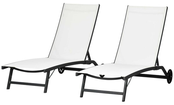 Outsunny Sada 2 Zahradních Lehátků s Polohovatelným Hliníkovým Rámem a Kolečky na Pláž a Bazén 165x66x102 cm Matt Bílá | Aosom