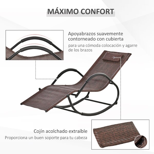 Outsunny Venkovní Houpací Lehátko s Područkami a Opěrkou Hlavy, Ratanový Efekt pro Zahradní Terasu, Maximální Zatížení 160 kg, 157x60x80 cm, Hnědé | A