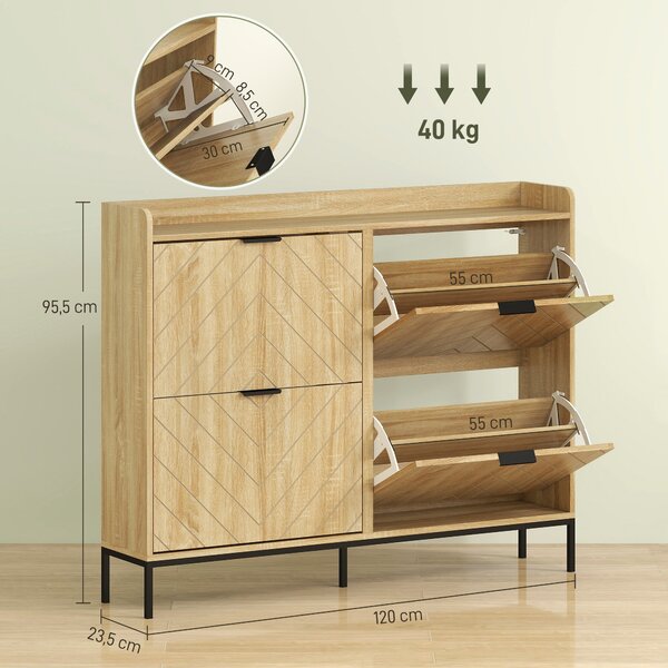 HOMCOM Úzká skříň na obuv se 4 dveřmi, regál na boty do předsíně s nastavitelnými policemi pro 16 párů bot 120x23,5x95,5 cm Dub | Aosom