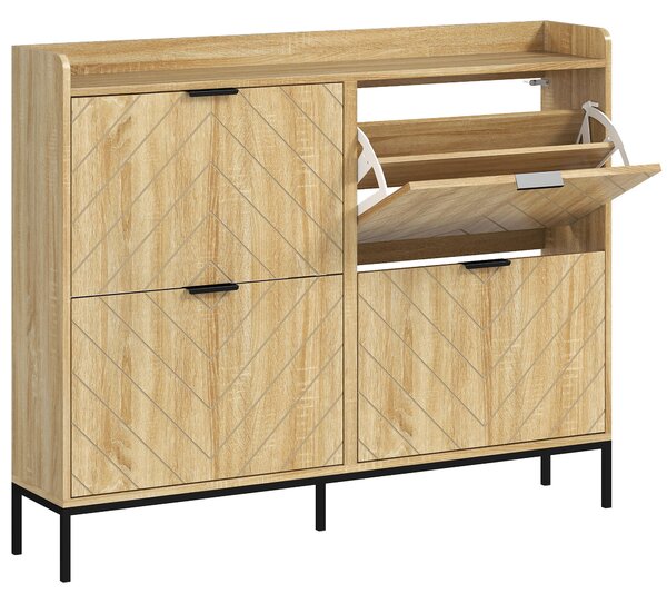 HOMCOM Úzká skříň na obuv se 4 dveřmi, regál na boty do předsíně s nastavitelnými policemi pro 16 párů bot 120x23,5x95,5 cm Dub | Aosom