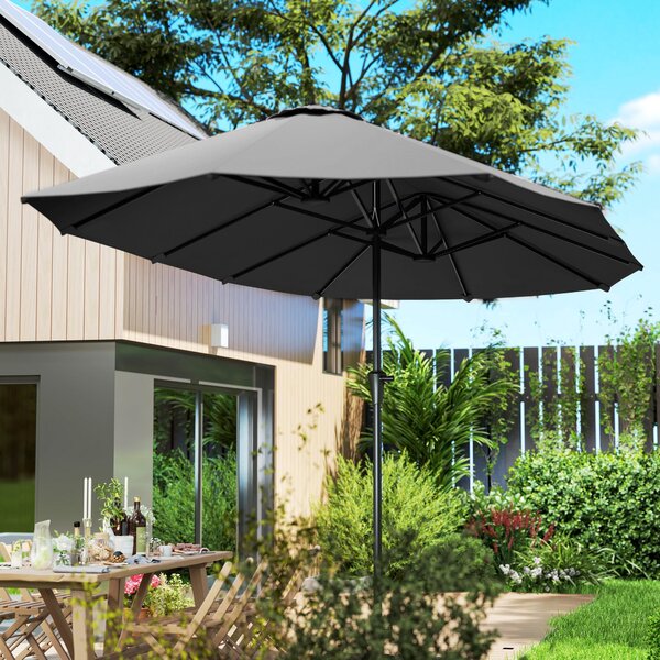 Outsunny Dvoubarevný Umbrella 4x2,2 m Venkovní Slunečník s Ručním Kolečkem Voděodolný a UV30+ Ochrana Velký Slunečník pro Terasu, Pláž, Bazén Tmavě Še
