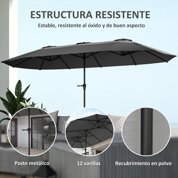 Outsunny Dvoubarevný Umbrella 4x2,2 m Venkovní Slunečník s Ručním Kolečkem Voděodolný a UV30+ Ochrana Velký Slunečník pro Terasu, Pláž, Bazén Tmavě Še