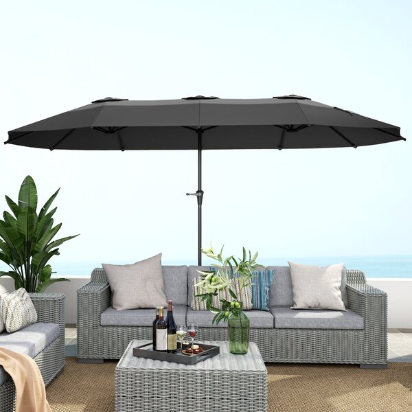 Outsunny Dvoubarevný Umbrella 4x2,2 m Venkovní Slunečník s Ručním Kolečkem Voděodolný a UV30+ Ochrana Velký Slunečník pro Terasu, Pláž, Bazén Tmavě Še