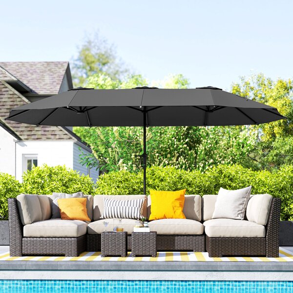 Outsunny Dvoubarevný Umbrella 4x2,2 m Venkovní Slunečník s Ručním Kolečkem Voděodolný a UV30+ Ochrana Velký Slunečník pro Terasu, Pláž, Bazén Tmavě Še