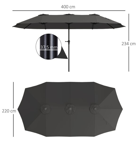 Outsunny Dvoubarevný Umbrella 4x2,2 m Venkovní Slunečník s Ručním Kolečkem Voděodolný a UV30+ Ochrana Velký Slunečník pro Terasu, Pláž, Bazén Tmavě Še