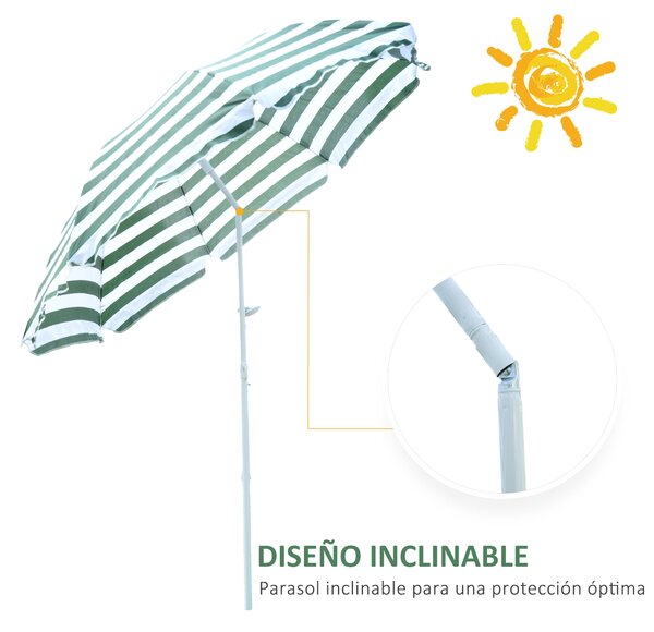 Slunečník Outsunny Ø180 cm s naklápěcí střechou a kovovým sloupem pro ochranu před sluncem na zahradě a terase, zelené a bílé pruhy | Aosom