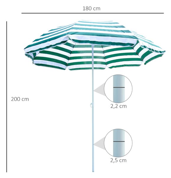 Slunečník Outsunny Ø180 cm s naklápěcí střechou a kovovým sloupem pro ochranu před sluncem na zahradě a terase, zelené a bílé pruhy | Aosom
