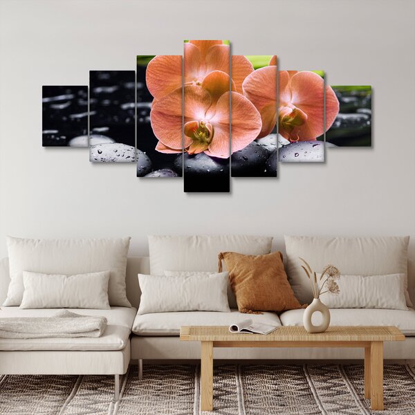 Obraz - Oranžová orchidej s palmovými listy (210x100 cm)