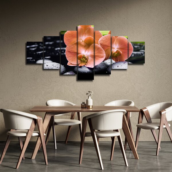 Obraz - Oranžová orchidej s palmovými listy (210x100 cm)