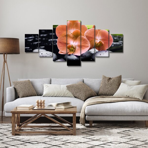 Obraz - Oranžová orchidej s palmovými listy (210x100 cm)