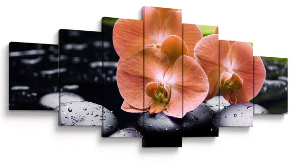 Obraz - Oranžová orchidej s palmovými listy (210x100 cm)