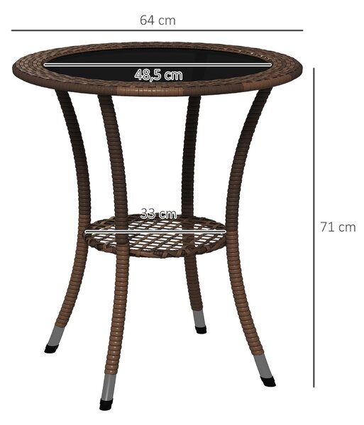 Outsunny Kulatý Ratanový Stůl Ø64x71 cm Zahradní Stůl se Pultem, Ocelová Rám a Skleněná Deska, Nosnost 50 kg pro Terasu a Patio Hnědá | Aosom