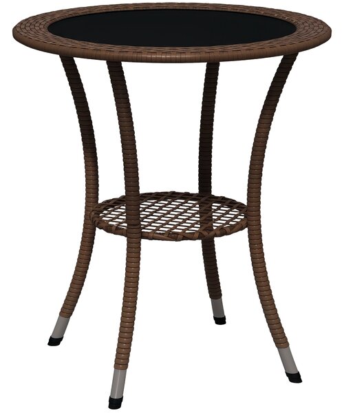 Outsunny Kulatý Ratanový Stůl Ø64x71 cm Zahradní Stůl se Pultem, Ocelová Rám a Skleněná Deska, Nosnost 50 kg pro Terasu a Patio Hnědá | Aosom